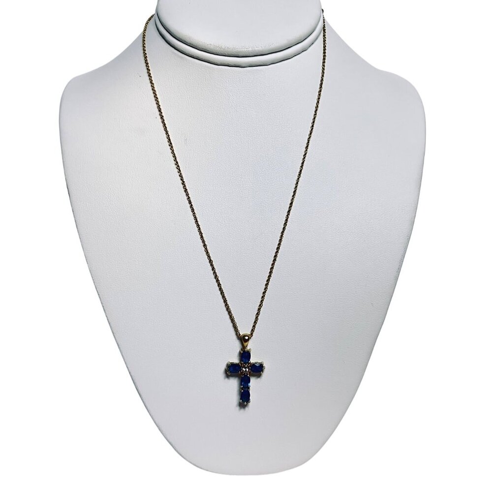 Avon Gold Tone Necklace With Blue & Clear Crystal Cross Pendant Signed NR (5730)